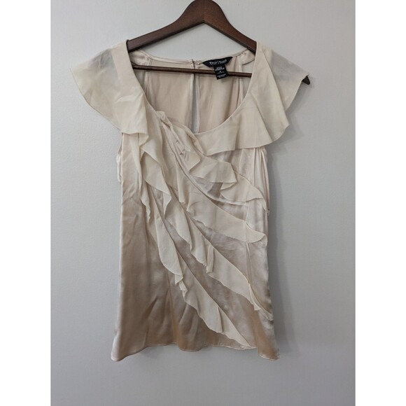 White House Black Market Champagne Silk Stretch Cascading Ruffle Dainty Top Sz 6 - Picture 1 of 12